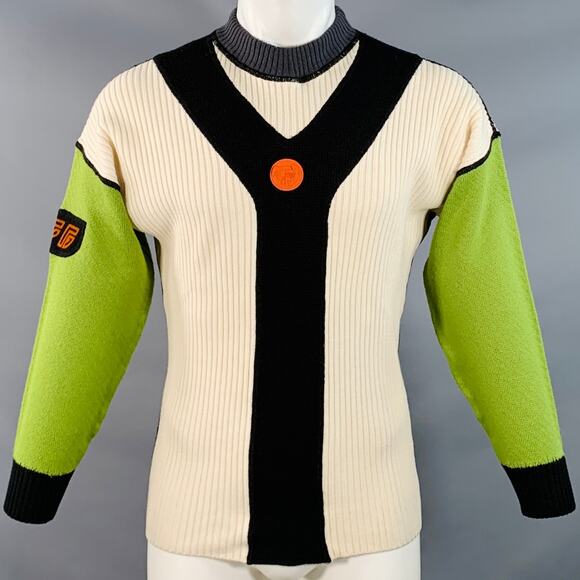 JEAN PAUL GAULTIER S Cream Green Wool Blend Knit Color Block Athletic Sweater - Picture 1 of 8